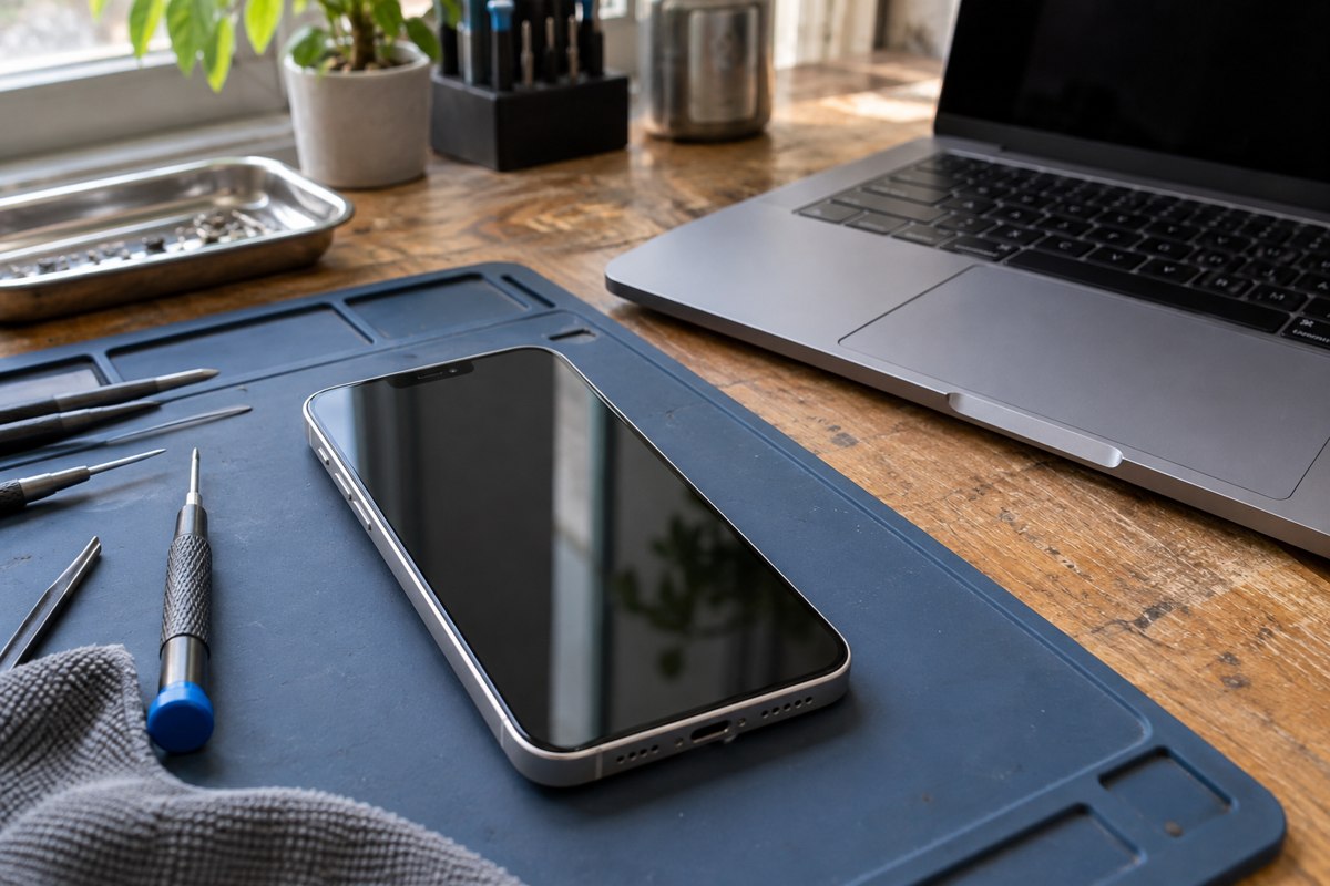 iPhone 14 Plus için kamera şikâyeti için servis hazırlığı — temsili atölye görseli