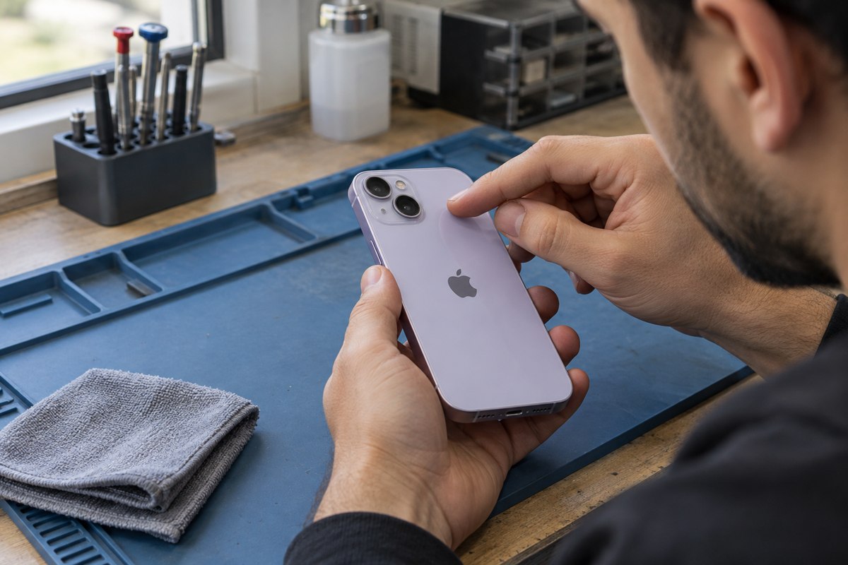 iPhone 14 Plus için kamera çevresinin dış kontrolü — temsili atölye görseli