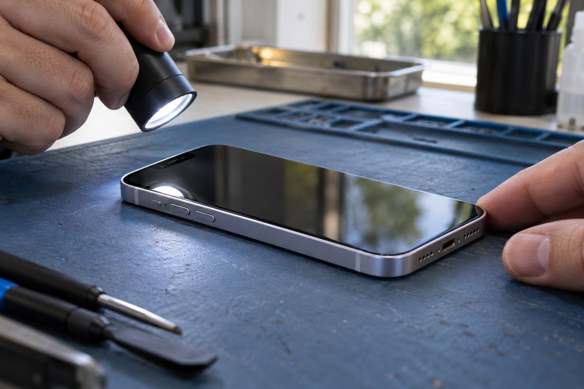 iPhone 14 için kasa kenarlarının dış kontrolü — temsili atölye görseli