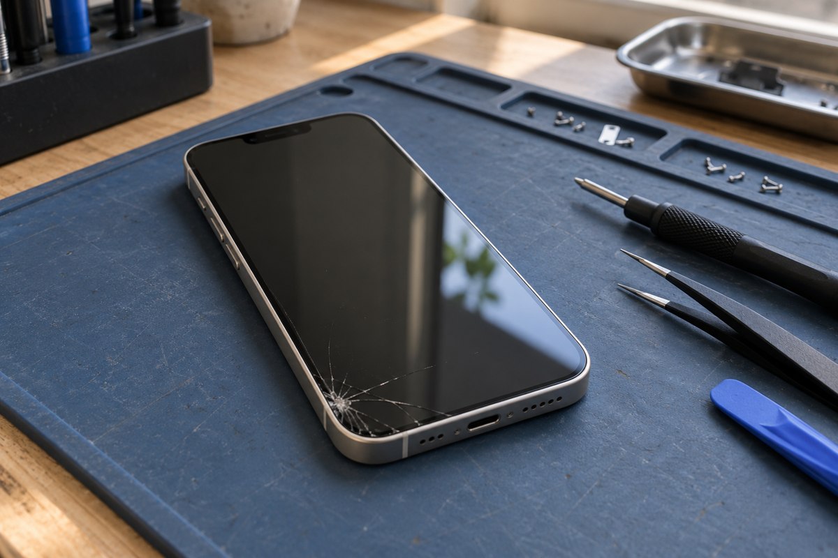 iPhone 13 için ön cam hasarının değerlendirilmesi — temsili atölye görseli