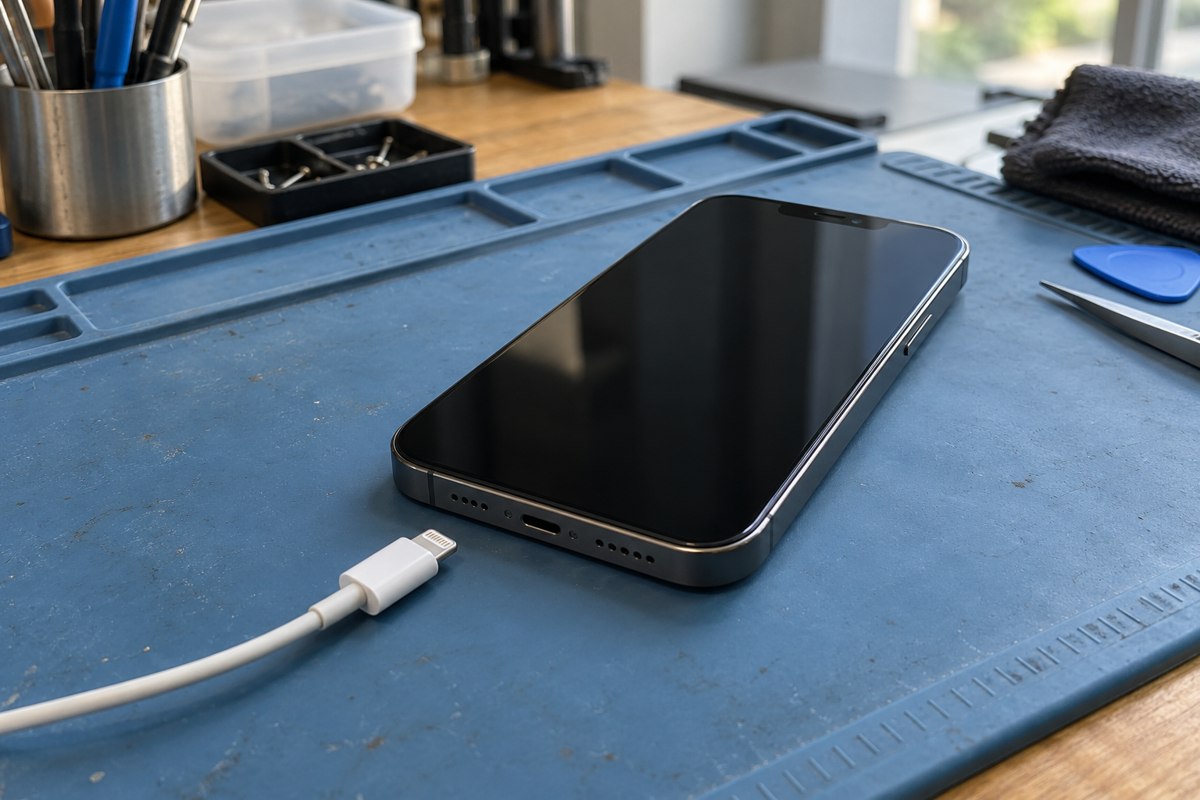 iPhone 13 için açılmayan cihaz ve kablo — temsili atölye görseli