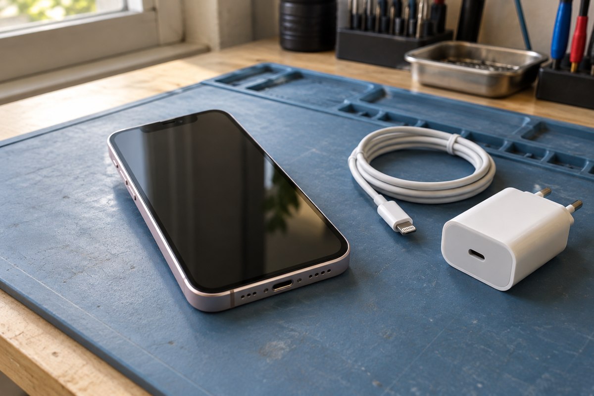 iPhone 13 mini için lightning kablo ve adaptör kontrolü — temsili atölye görseli