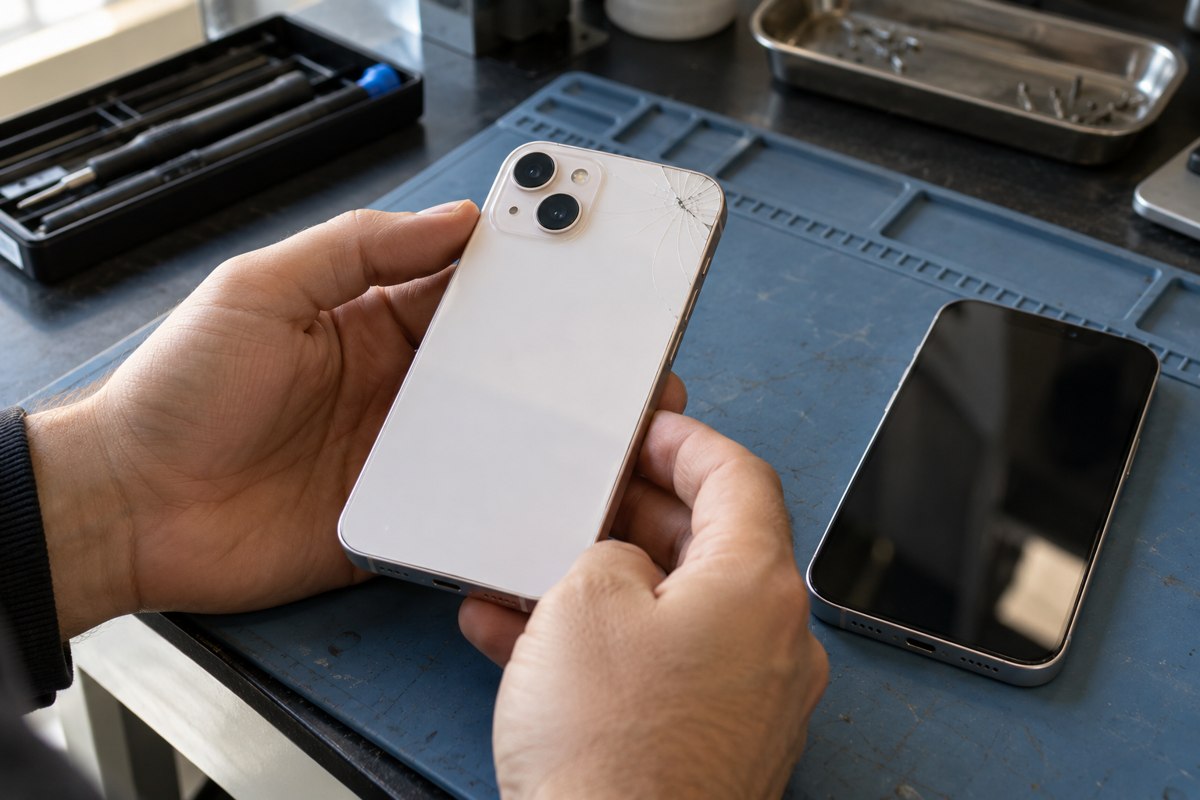 iPhone 13 için arka cam hasarının değerlendirilmesi — temsili atölye görseli