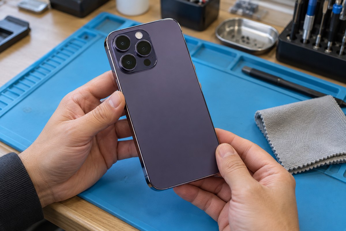 iPhone 14 Pro için kamera çevresinin dıştan kontrolü — temsili atölye görseli