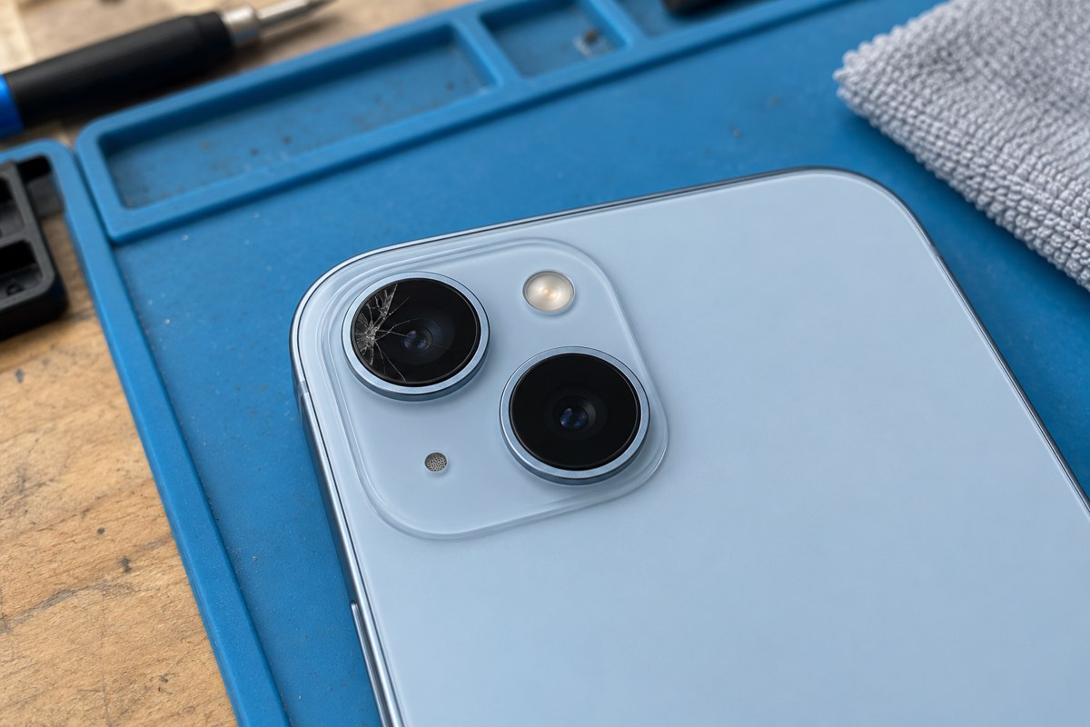 iPhone 15 için kamera camı hasarının değerlendirilmesi — temsili atölye görseli