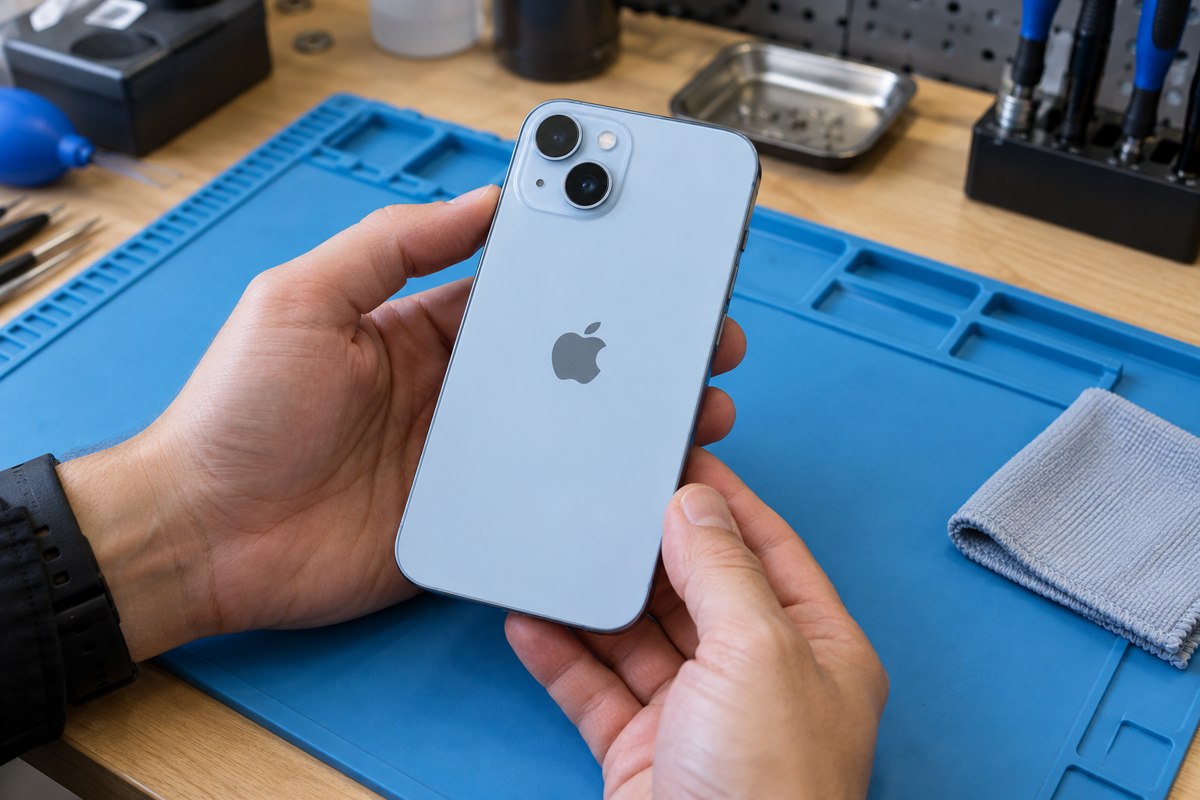 iPhone 15 için kamera çevresinin dıştan kontrolü — temsili atölye görseli