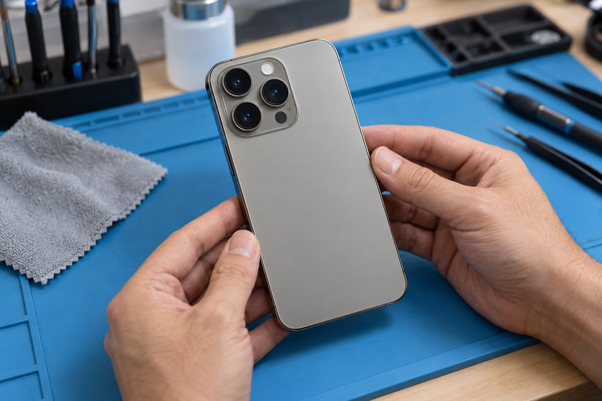 iPhone 15 Pro için kamera çevresinin dıştan kontrolü — temsili atölye görseli