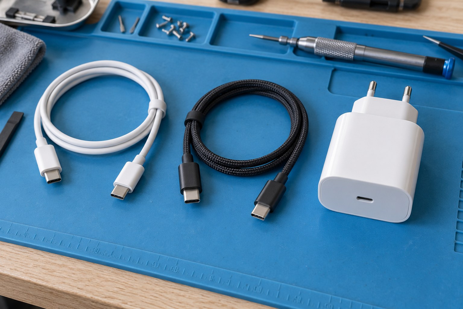 Atölyede karşılaştırılan USB-C kablo uçları ve güç adaptörü