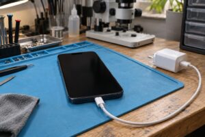 Atölye masasında USB-C kablo ve adaptörle iPhone şarj bağlantısının temsili görünümü