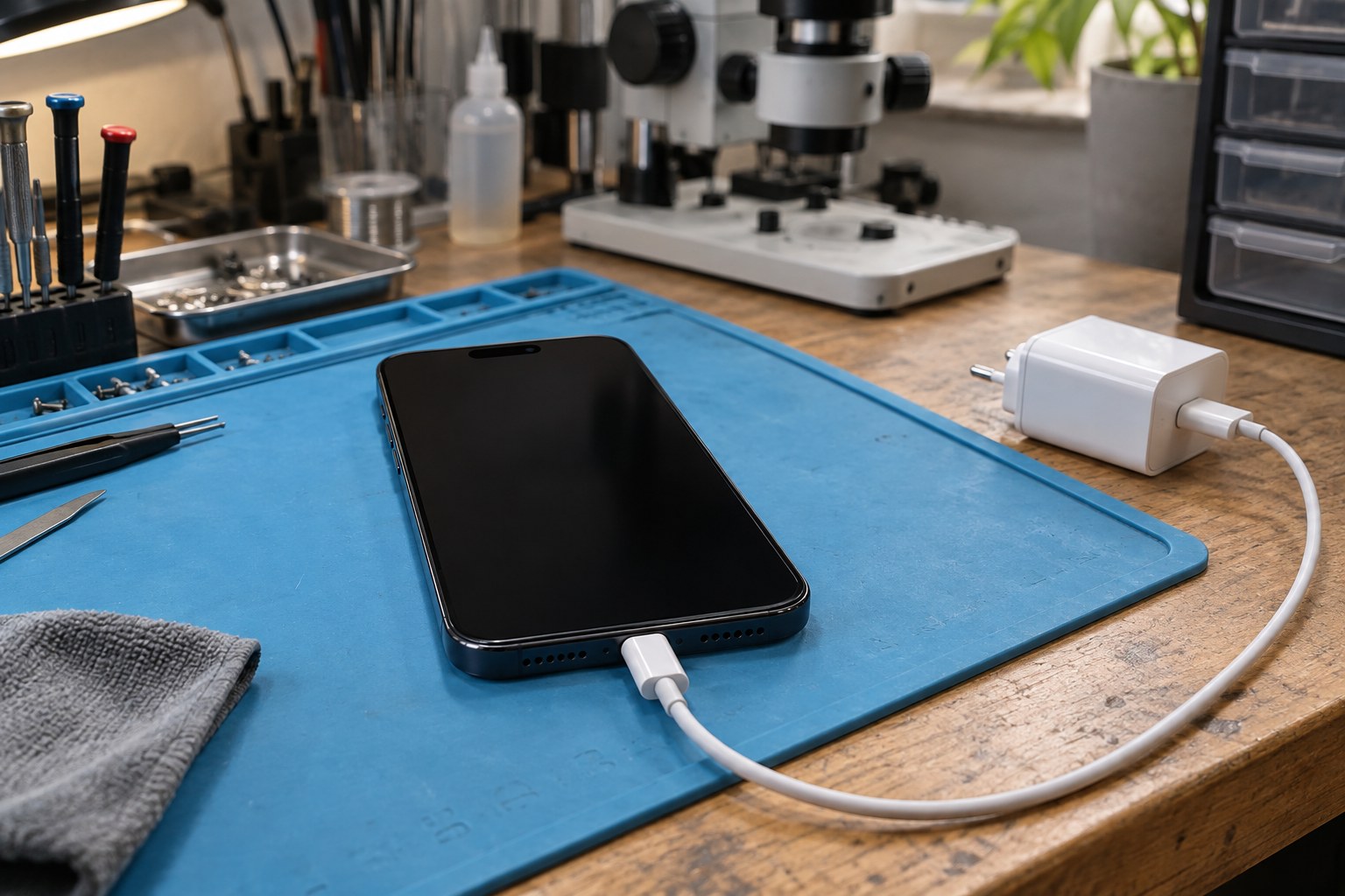 Atölye masasında USB-C kablo ve adaptörle iPhone şarj bağlantısının temsili görünümü