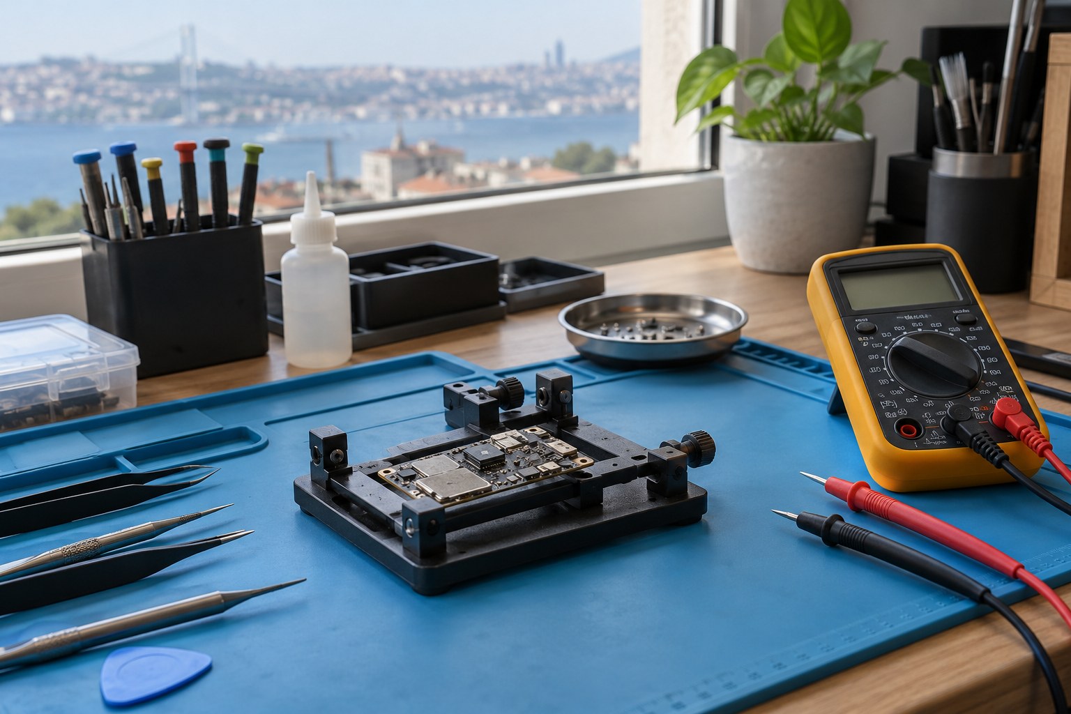 Elektriksel inceleme için ölçüm tezgâhı — temsili atölye görseli