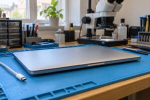 MacBook onarım kararı öncesinde inceleme hazırlığı — temsili atölye görseli