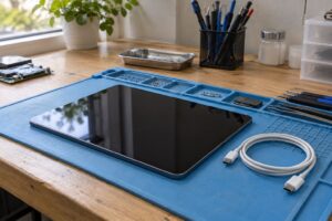 iPad incelemesinde cihaz durumunun değerlendirilmesi — temsili atölye görseli