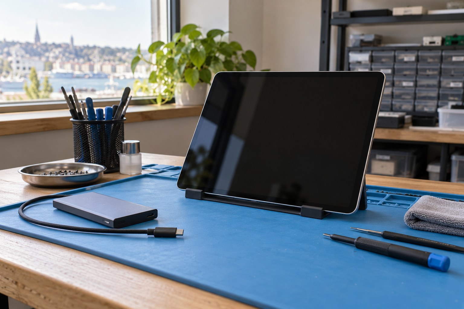 Tablet onarımında veri ve teslim önceliği — temsili atölye görseli