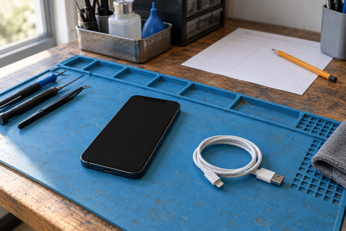 iPhone 13 pil değerlendirmesinde cihaz ve aksesuar kaydı — temsili atölye görseli