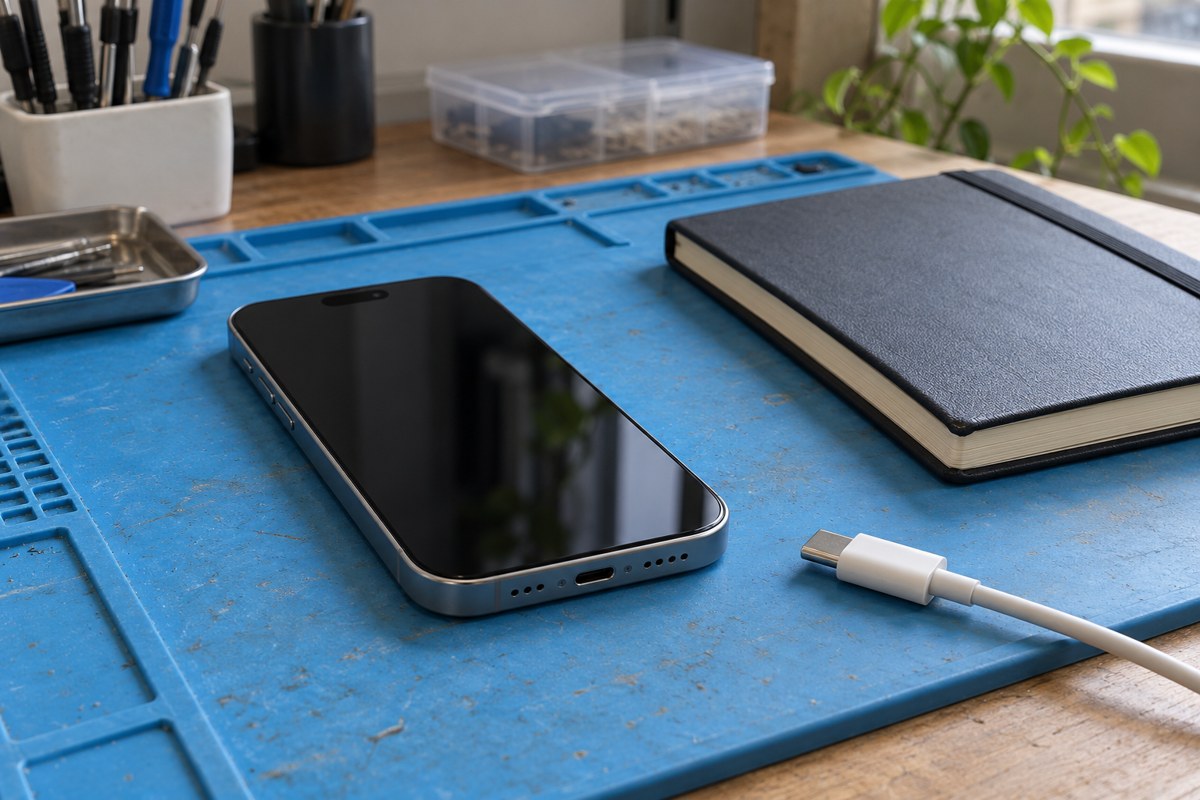 iPhone 15 pil kullanım koşullarının kayıt hazırlığı — temsili atölye görseli