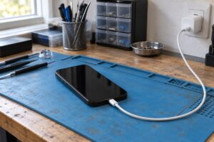 iPhone 15 için kablolu şarj düzeni — temsili atölye görseli