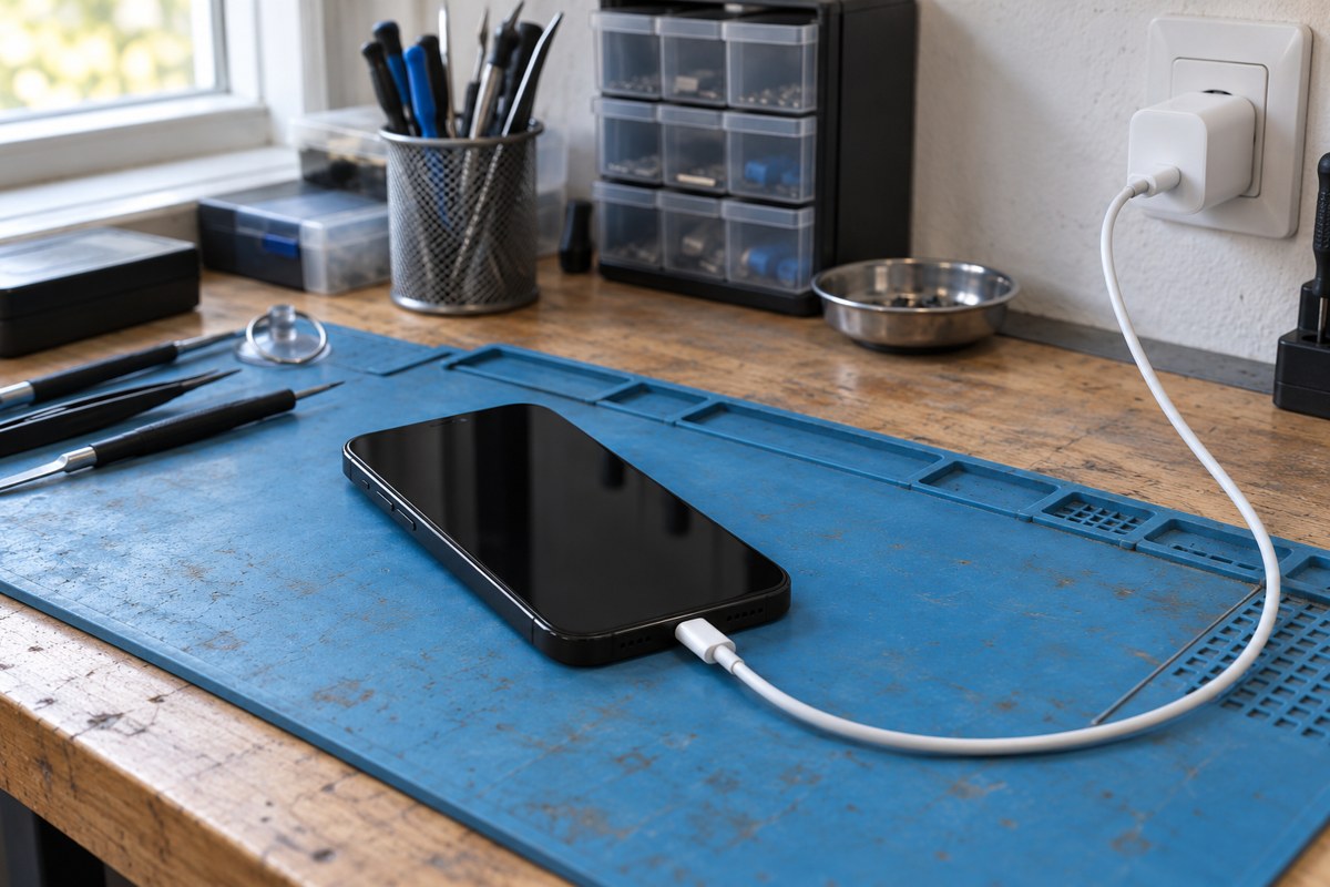 iPhone 15 için kablolu şarj düzeni — temsili atölye görseli