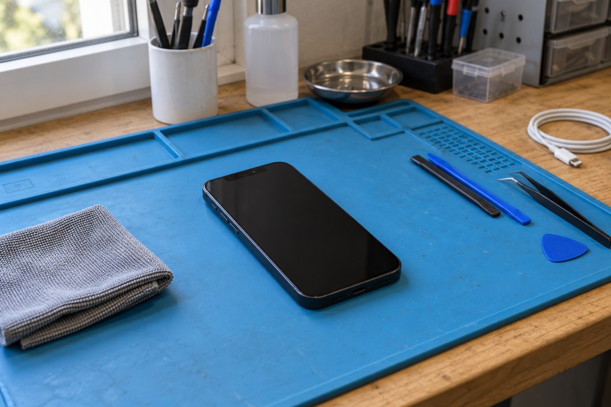 Sıvı teması sonrasında enerji verilmeyen iPhone 14 — temsili atölye görseli