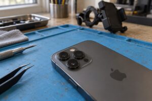 iPhone kamera sistemi ve motosiklet tutucusu — temsili atölye görseli