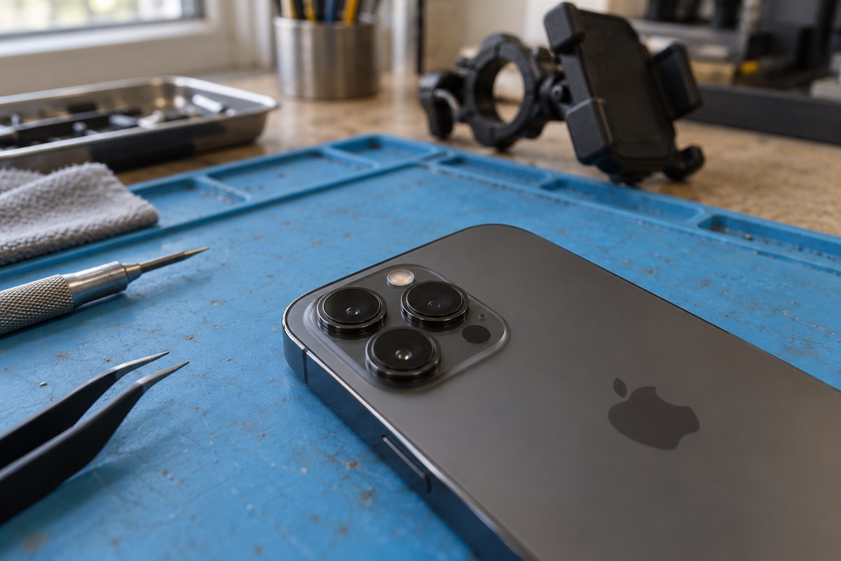 iPhone kamera sistemi ve motosiklet tutucusu — temsili atölye görseli