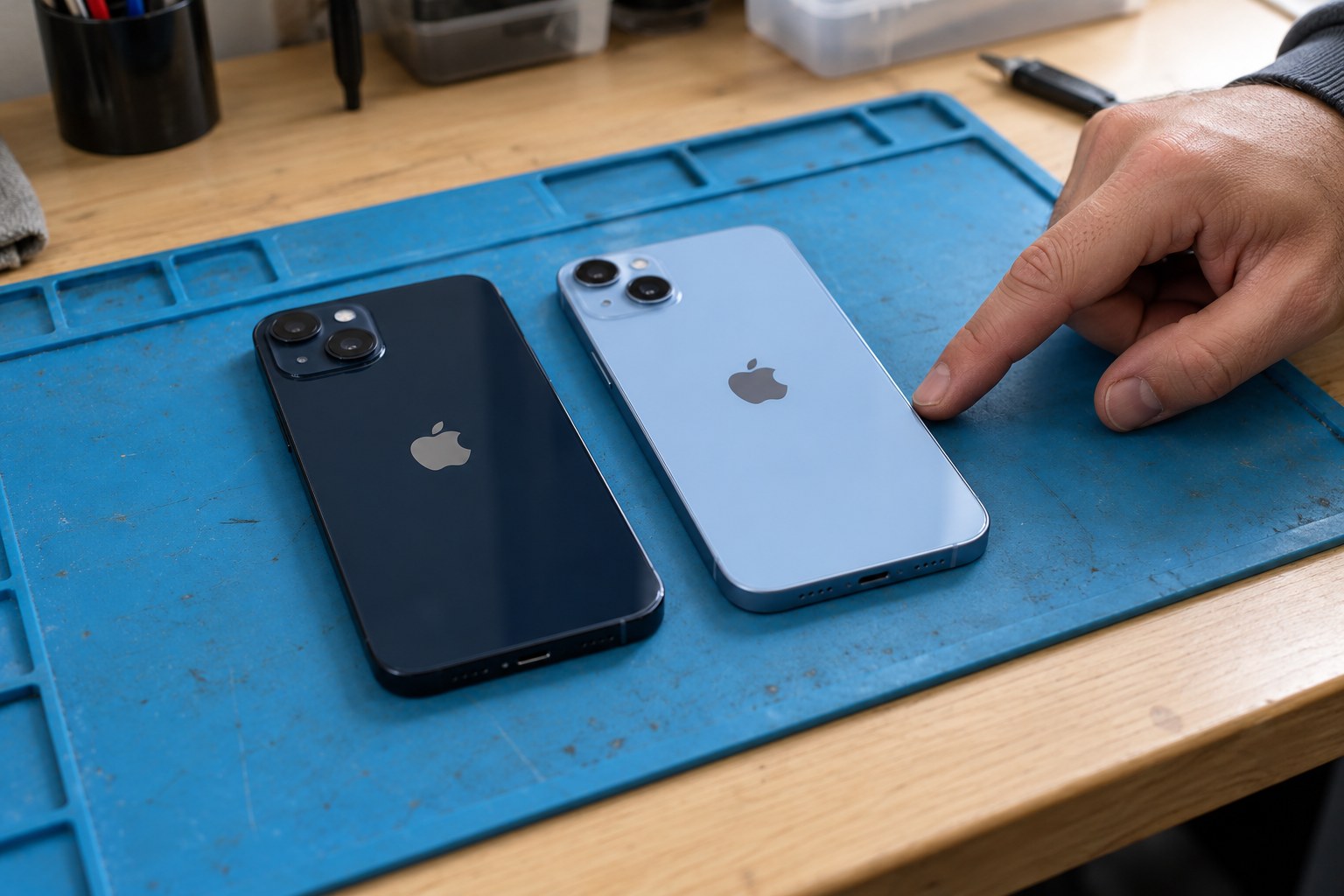 iPhone 13 ve iPhone 14 gövde durumunun karşılaştırılması — temsili atölye görseli
