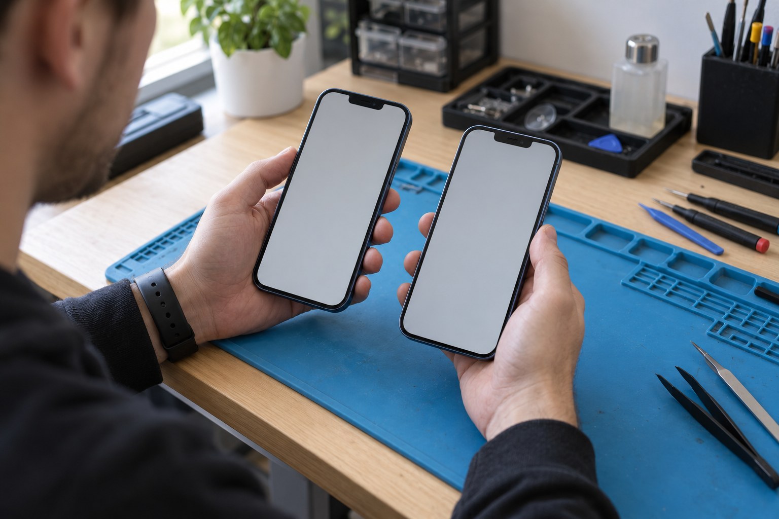 İki ikinci el iPhone ekranının birlikte incelenmesi — temsili atölye görseli