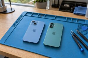 iPhone 15 ve iPhone 16 tasarımlarının karşılaştırılması — temsili atölye görseli