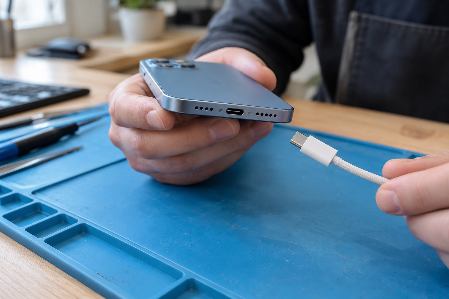 USB-C bağlantılı iPhone’un kablo ve port kontrolü — temsili atölye görseli