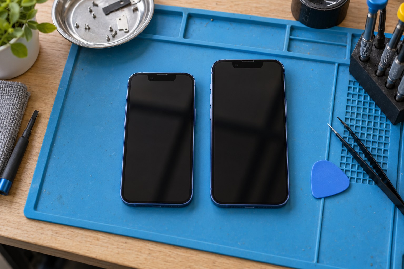 iPhone 13 mini ile standart boyutlu iPhone’un karşılaştırılması — temsili atölye görseli