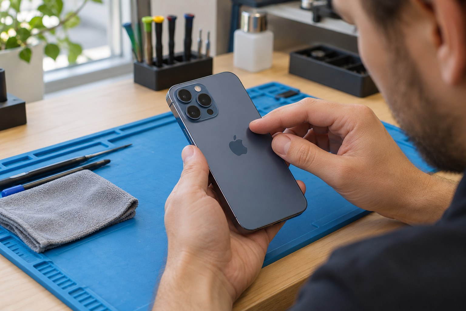 Video için ikinci el iPhone’un kamera camlarının incelenmesi — temsili atölye görseli