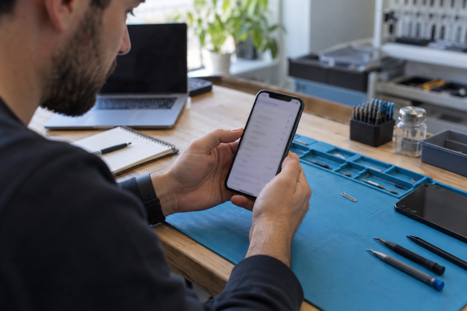 iPhone model bilgilerinin satın alma öncesi incelenmesi — temsili atölye görseli