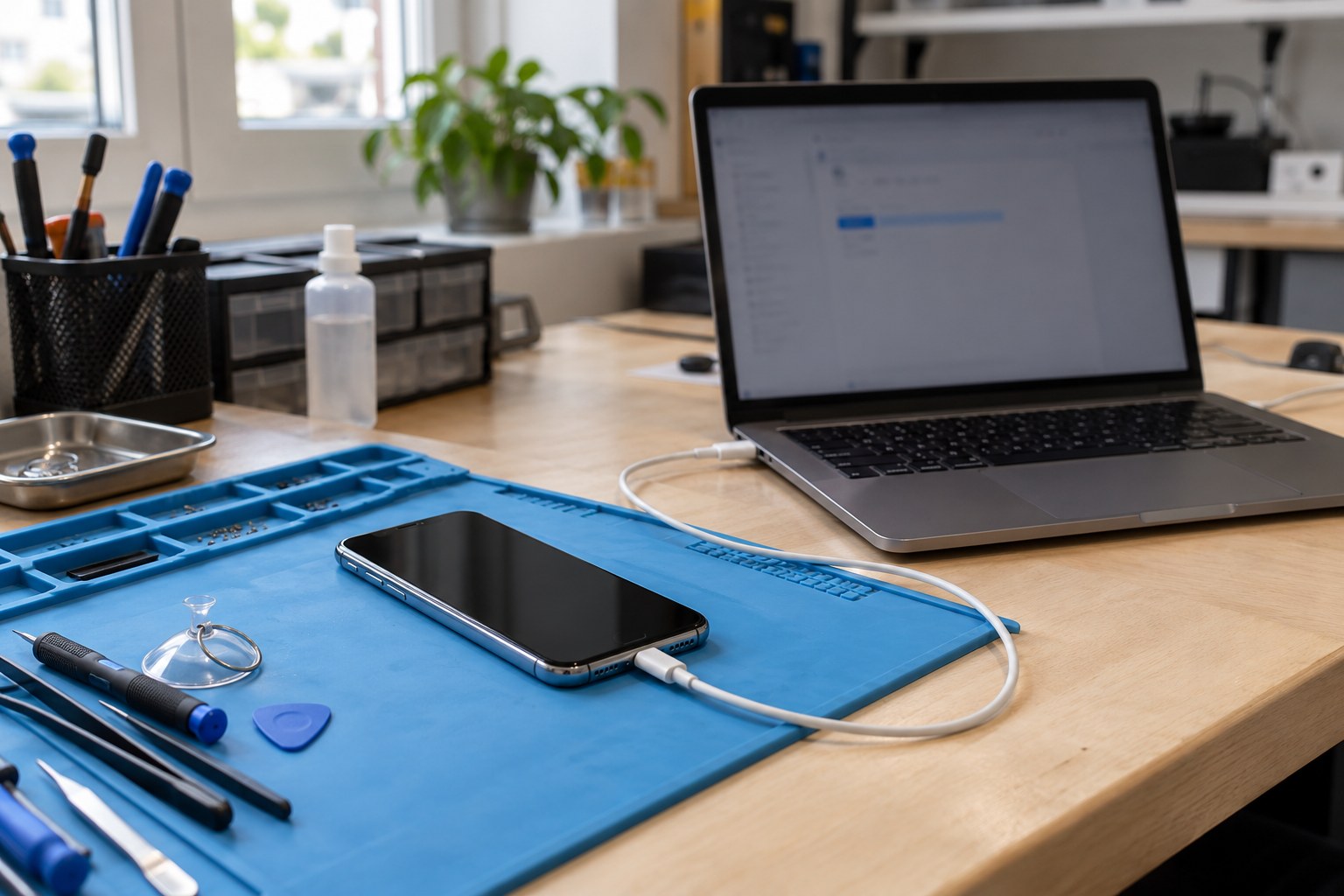 Güncelleme öncesi iPhone’un bilgisayar yanında hazırlanması — temsili atölye görseli