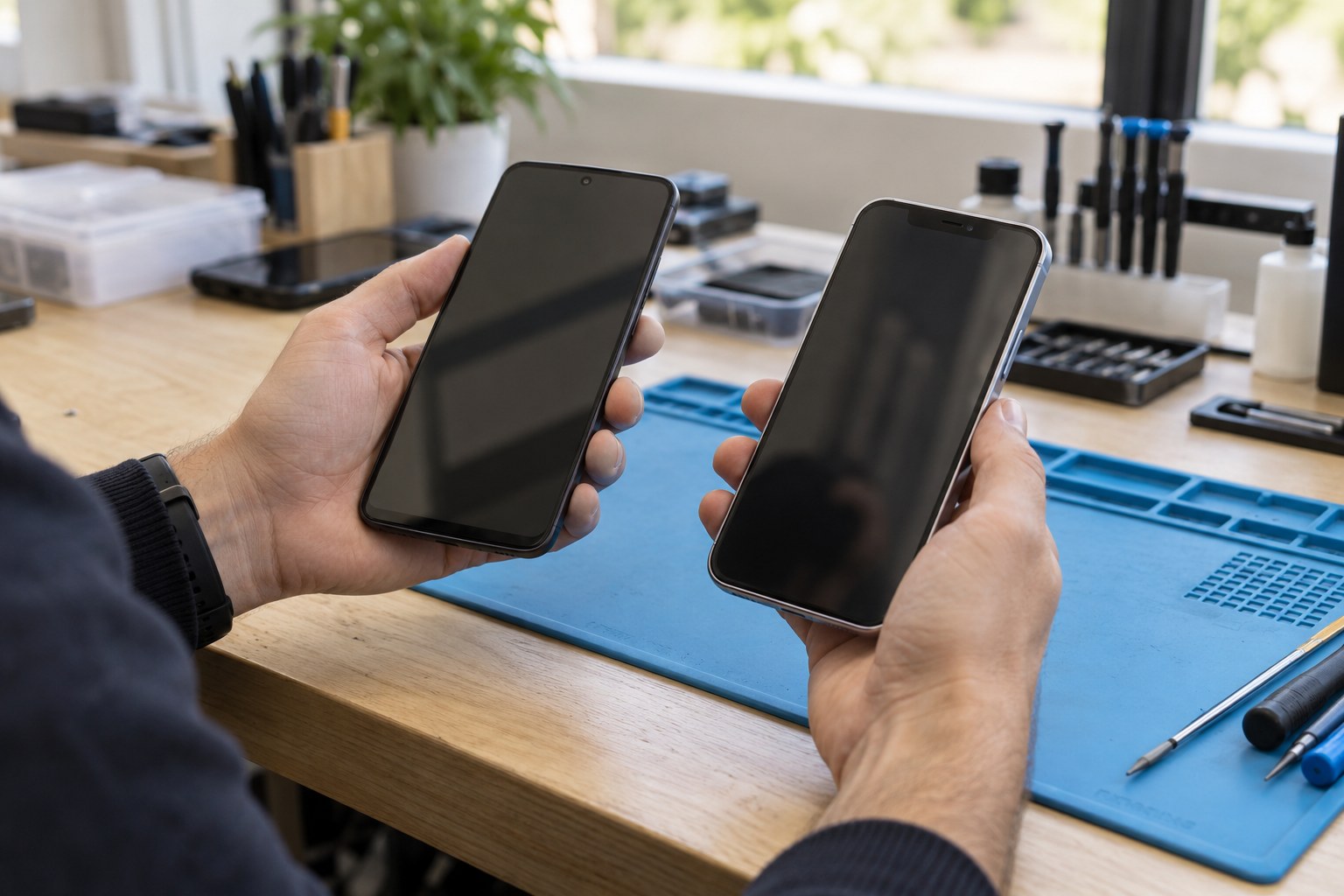Veri aktarımı sonrasında eski ve yeni telefonun kontrol edilmesi — temsili atölye görseli
