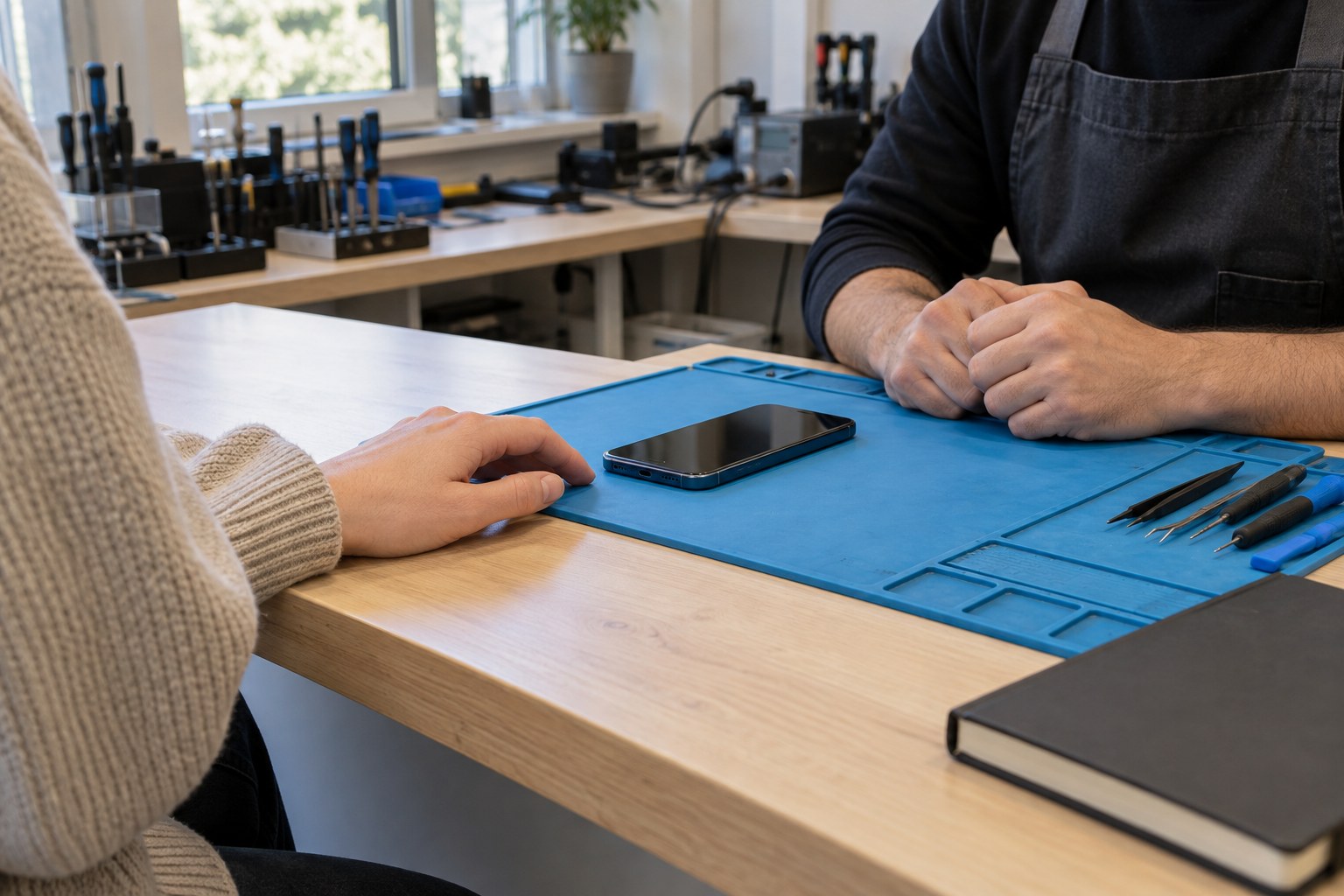 Arızalı iPhone’da veri önceliğinin görüşülmesi — temsili atölye görseli