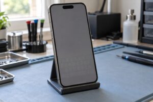 Gri ekranda hafif klavye izini temsil eden iPhone görünümü