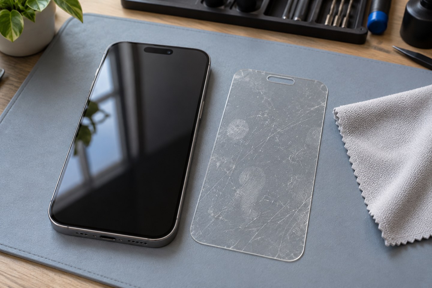 Ekranı kapalı iPhone, çıkarılmış koruyucu ve temiz bez