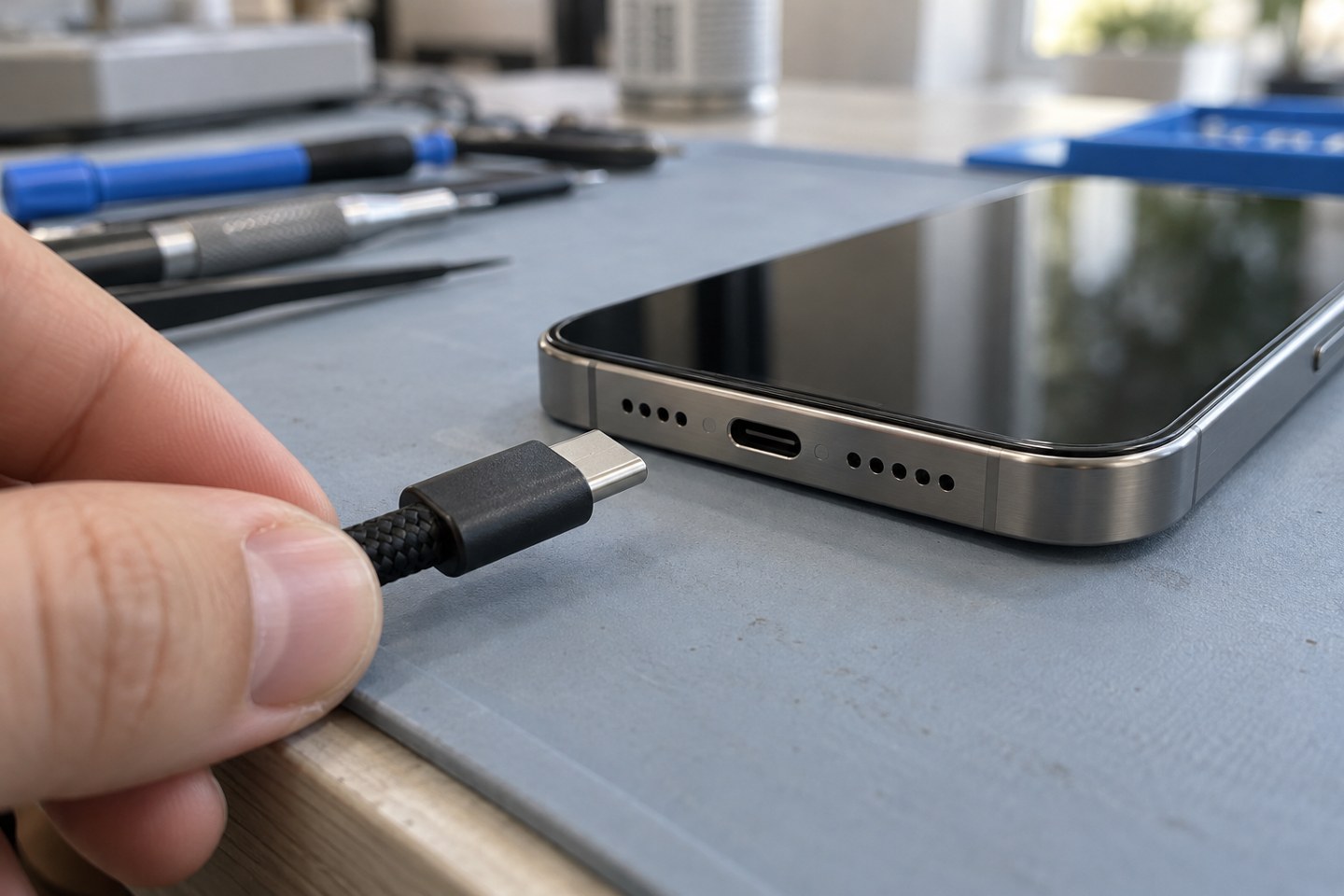 CarPlay bağlantısı için USB-C portu ve kablo ucunun dış kontrolü