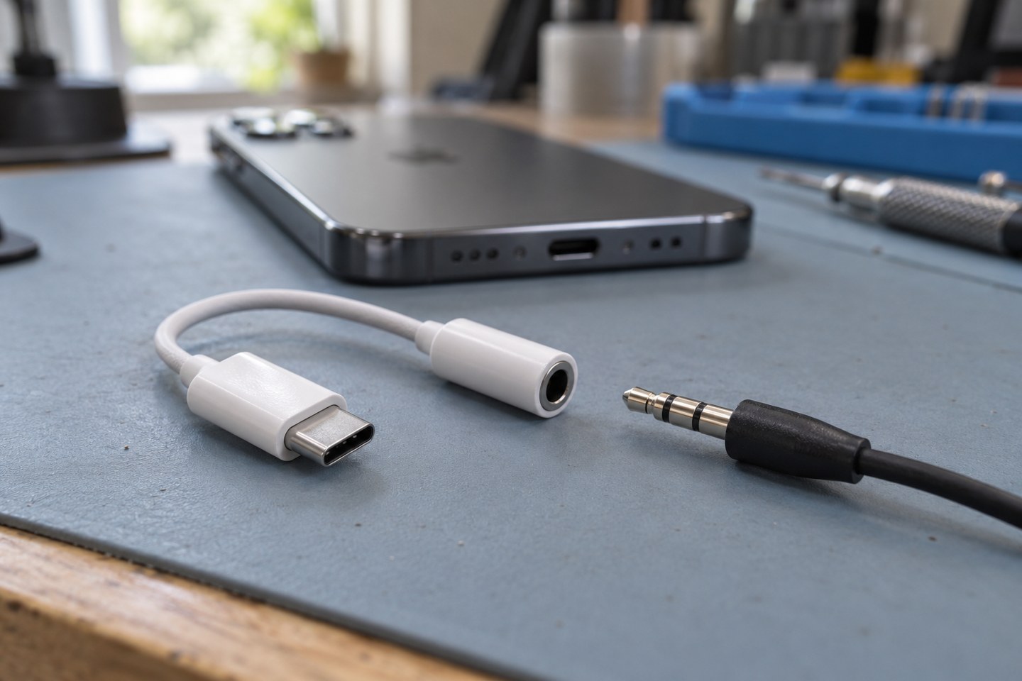Ses adaptörü ve kulaklık fişinin ayrı görünümü