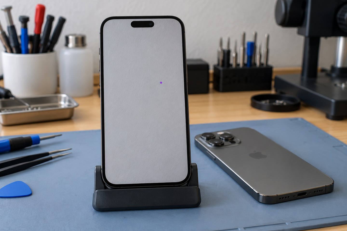 Fotoğraftaki sabit mor noktayı temsil eden iPhone ekranı