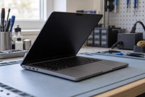 Kapak açısına bağlı kararma için MacBook yan görünümü