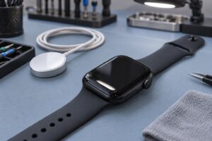 Servis tezgâhında Apple Watch Series 9 ve manyetik şarj pedi