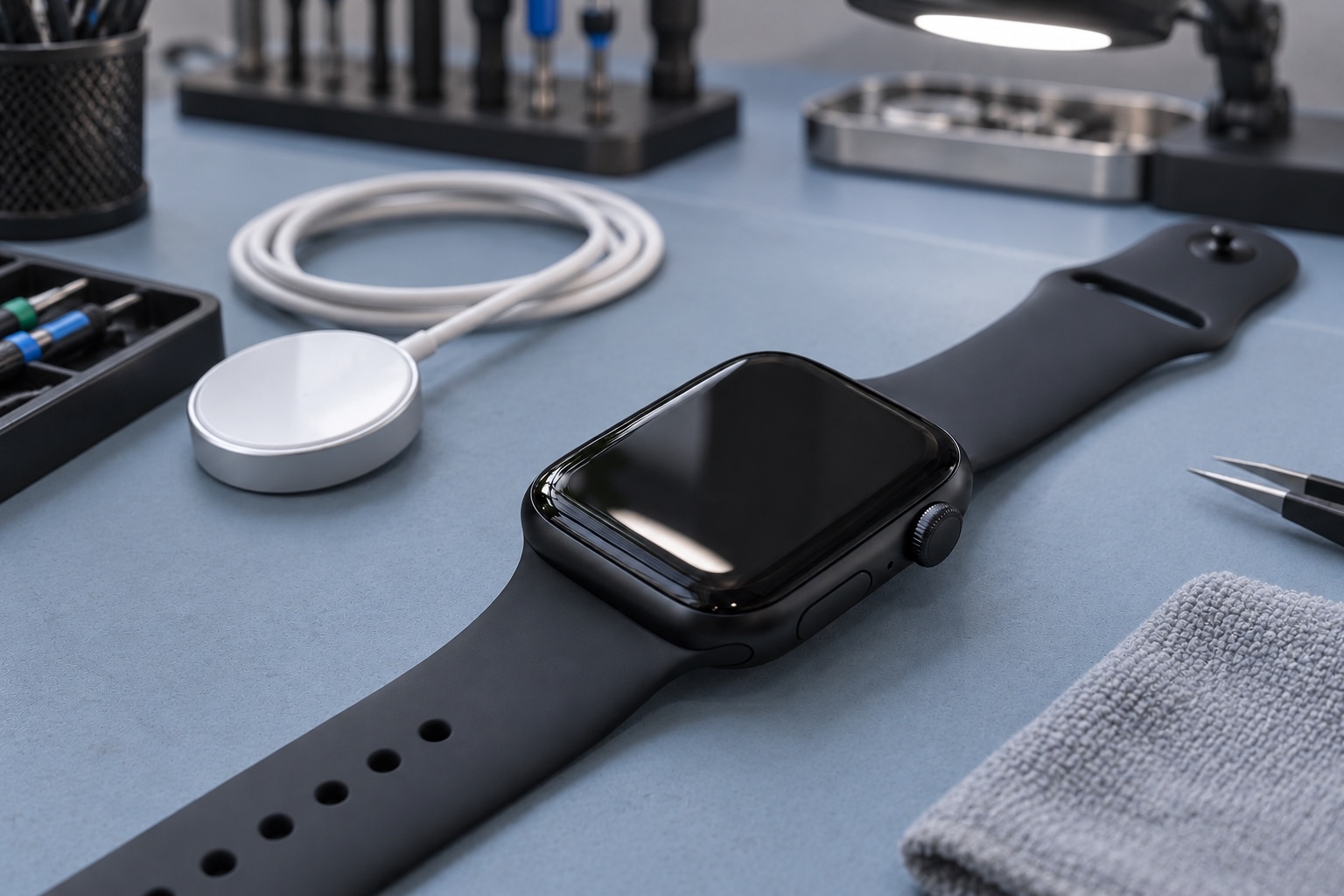Servis tezgâhında Apple Watch Series 9 ve manyetik şarj pedi