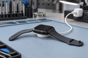 Servis tezgâhında manyetik şarj pedine yerleştirilmiş Apple Watch