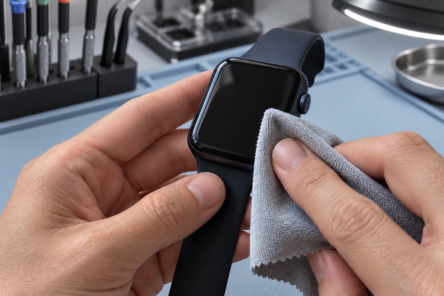 Apple Watch ekranının atölyede yumuşak bir bezle silinmesi