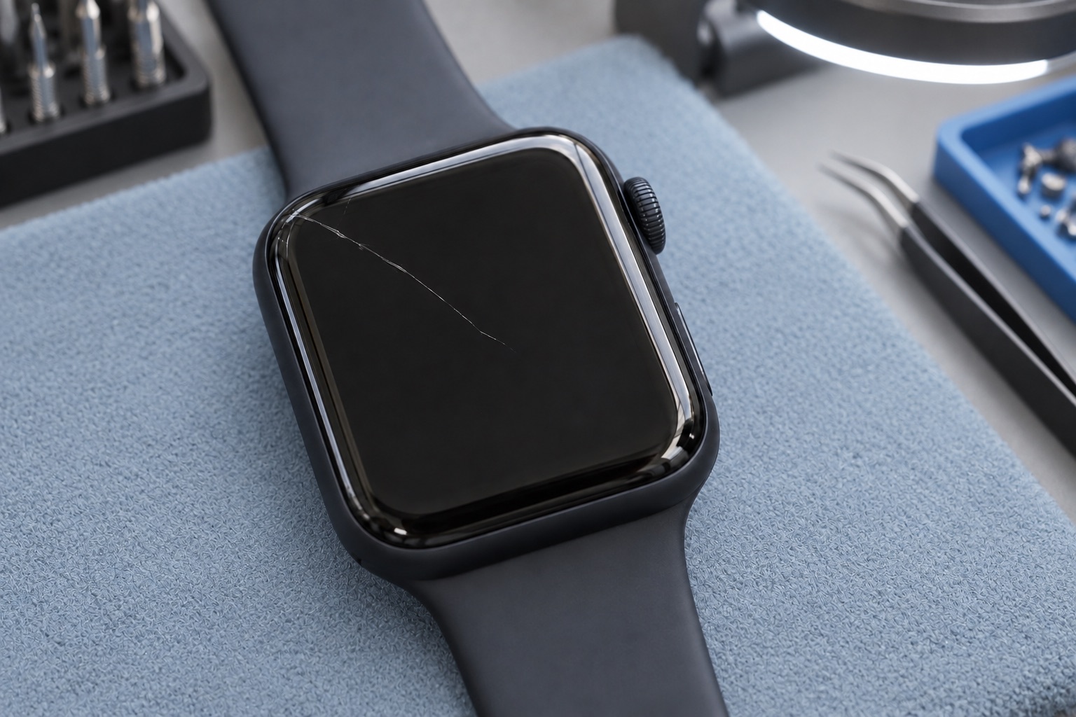 Apple Watch ön camındaki ince çatlağın atölyede yakın görünümü