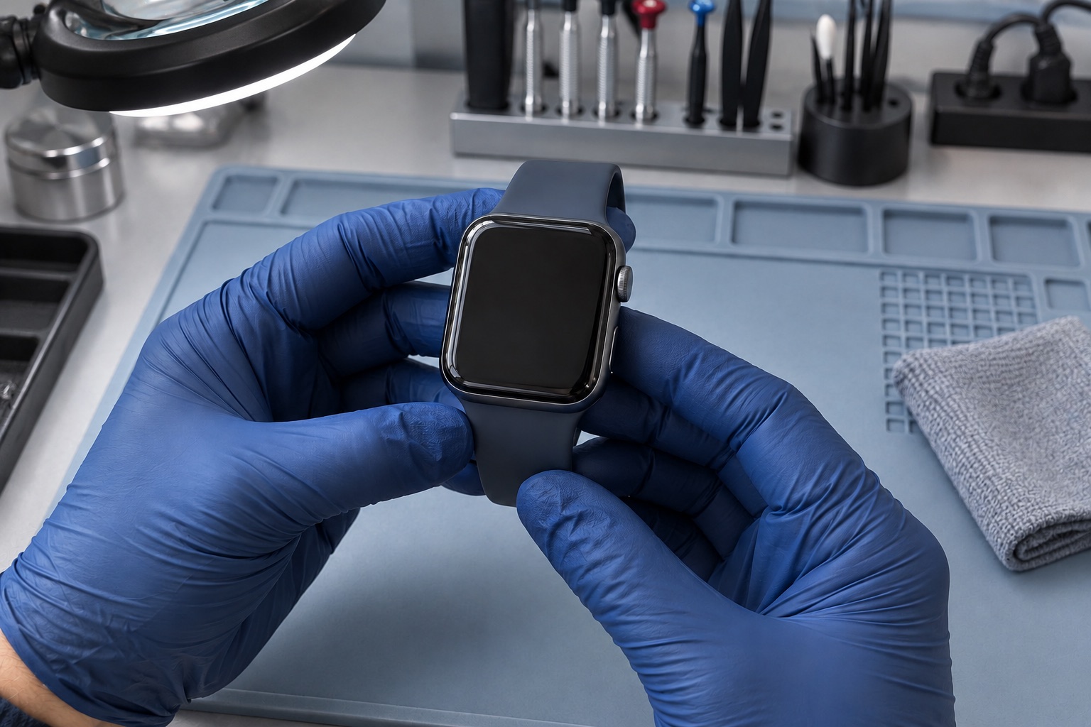 Teknisyenin atölye tezgâhında kapalı Apple Watch kasasını görsel olarak incelemesi