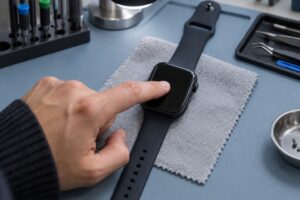 Atölye tezgâhında Apple Watch ekran yüzeyine hafifçe dokunulması