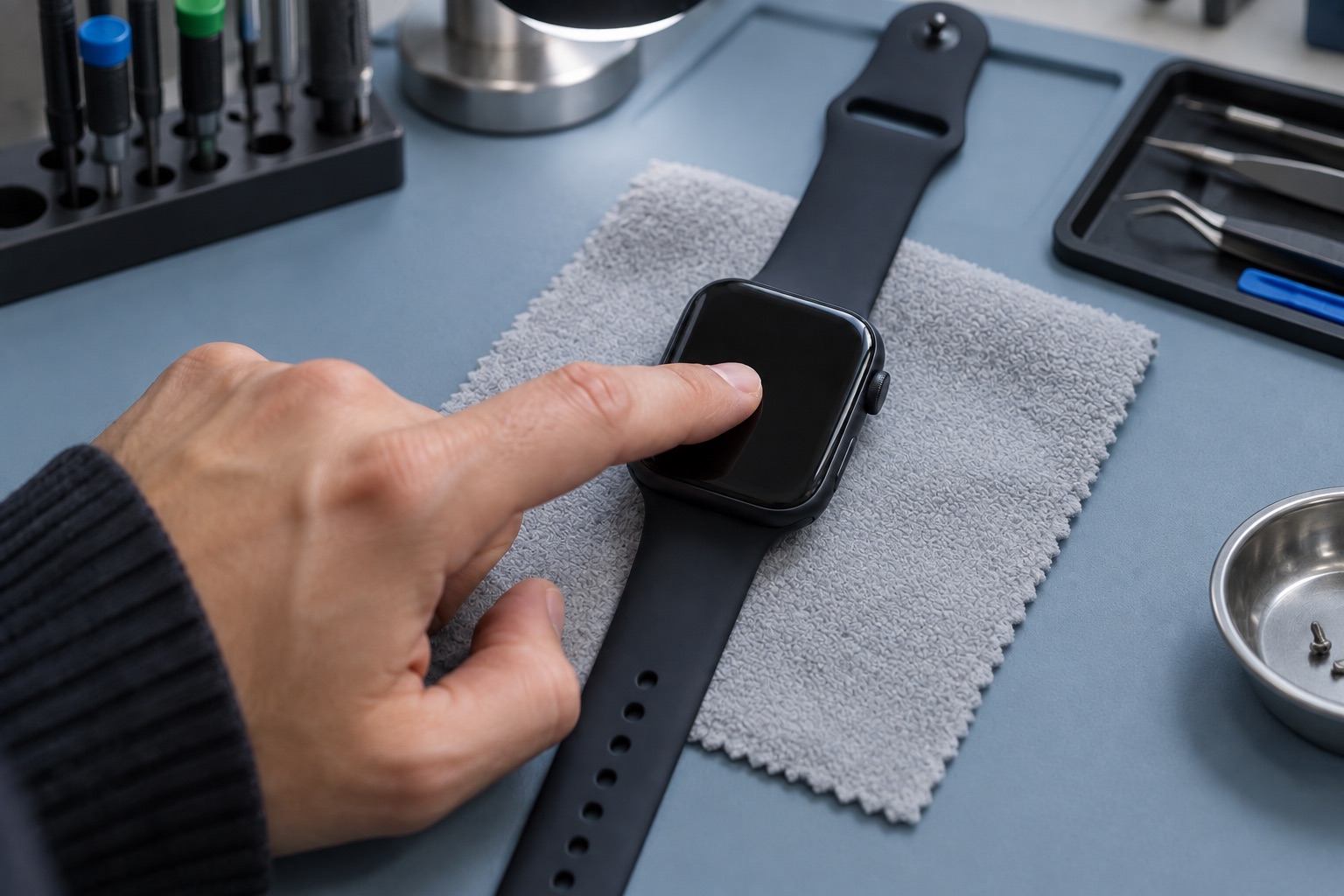 Atölye tezgâhında Apple Watch ekran yüzeyine hafifçe dokunulması