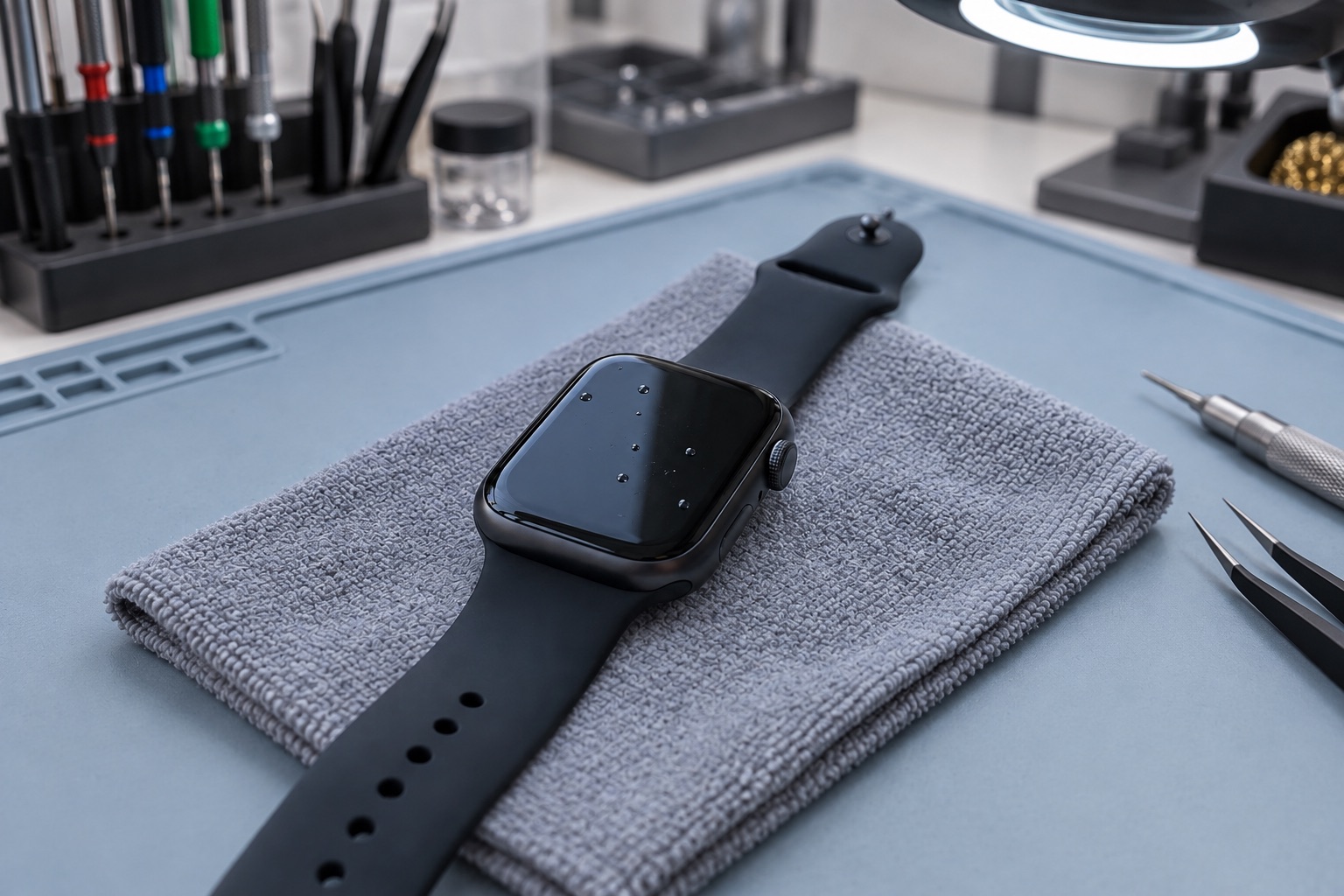 Kuru bez üzerindeki Apple Watch ekranında su damlaları